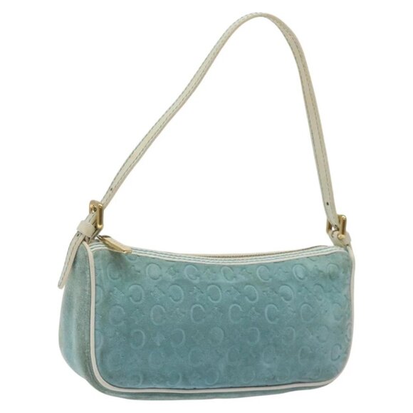 CELINE C Macadam Canvas Accessory Pouch Suede Light Blue Gold Auth 118180 - Picture 1 of 16